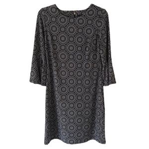 TOMMY HILFIGER | Navy Blue Patterned Shift Dress with Flare 3/4 Length Sleeves
